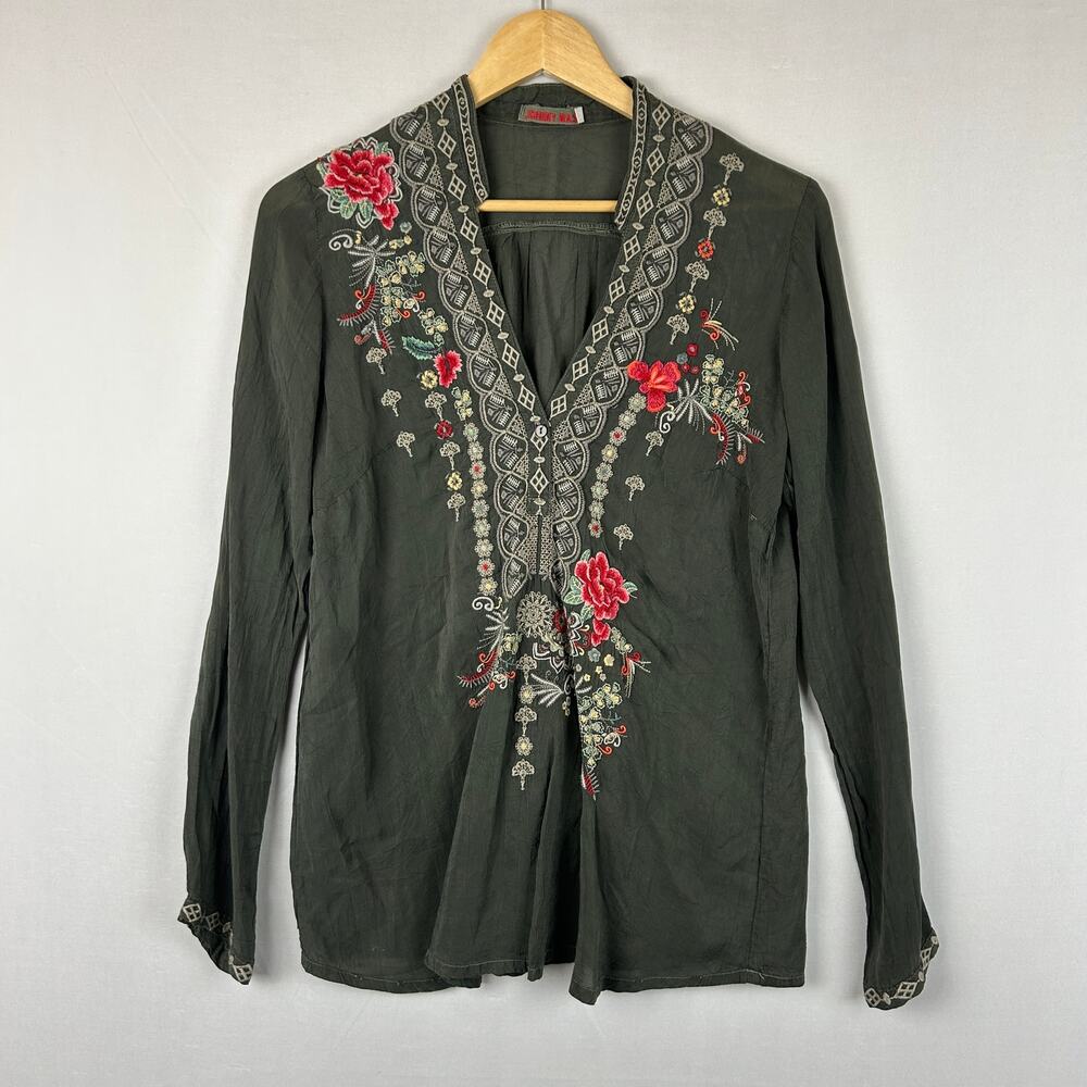 Johnny Was Embroidered Long Sleeve Gray Tunic Shirt Floral Women's Size XS